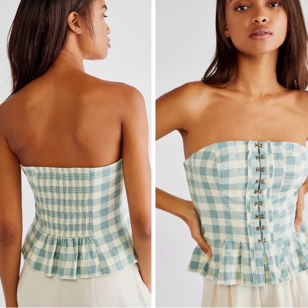 Free People Lights Out Gingham Corset Top Soft Green Combo XS Cottage Milkmaid